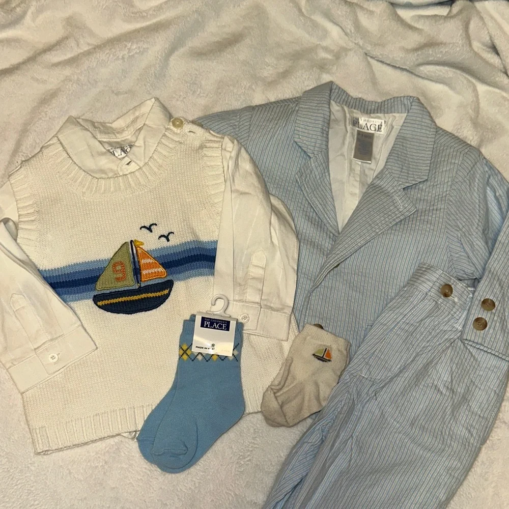 TCP CHILDREN’S PLACE SEERSUCKER BLAZER SUIT VEST BUTTON DOWN SOCKS 6-9 MONTHS - Picture 1 of 4
